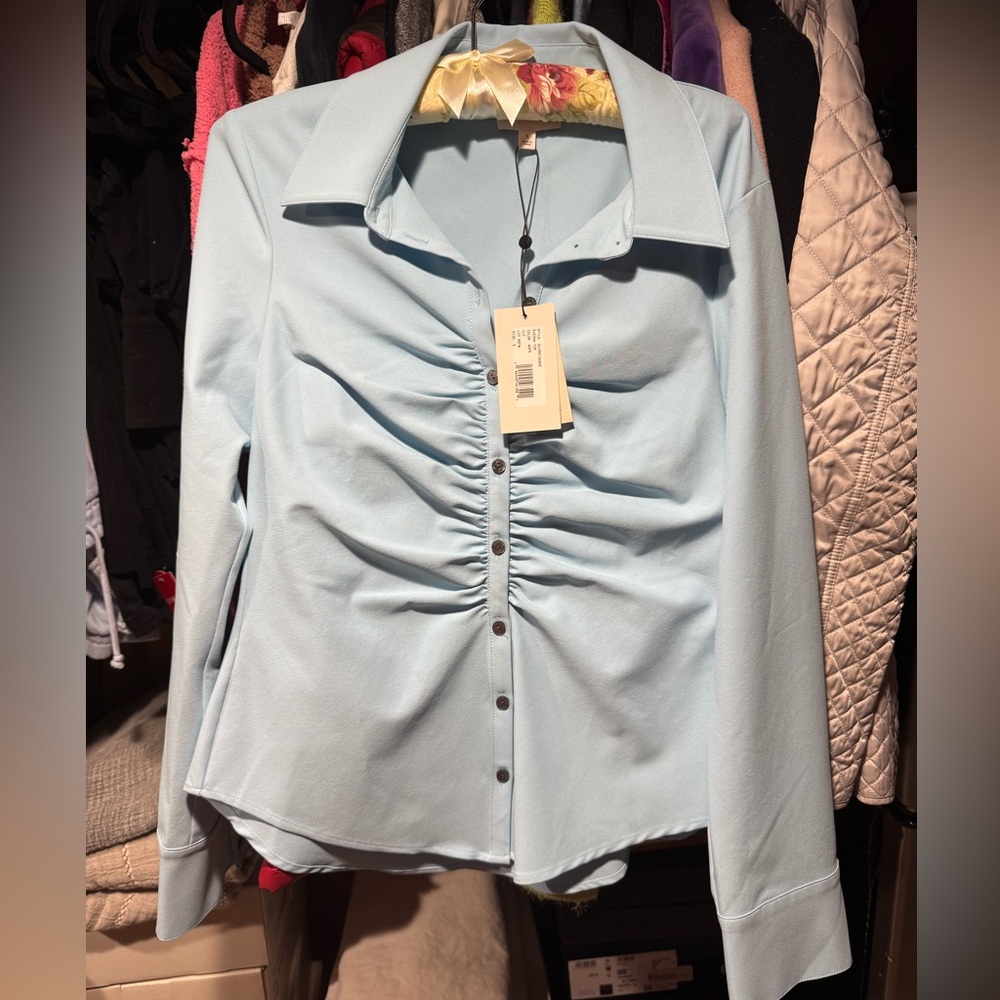Cinq a Sept Sky Blue Ruched Button-Down Shirt